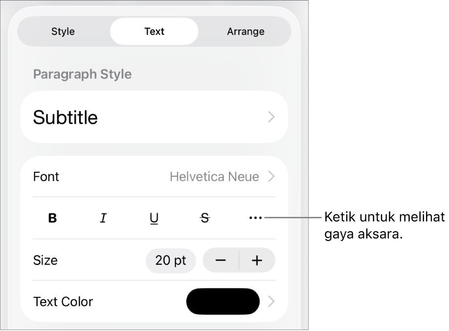 Kawalan Format dengan gaya perenggan di bahagian atas, kemudian kawalan Fon. Di bawah fon ialah butang Tebal, Italik, Garis Bawah, Garis Potong dan Lebih Banyak Pilihan Teks.