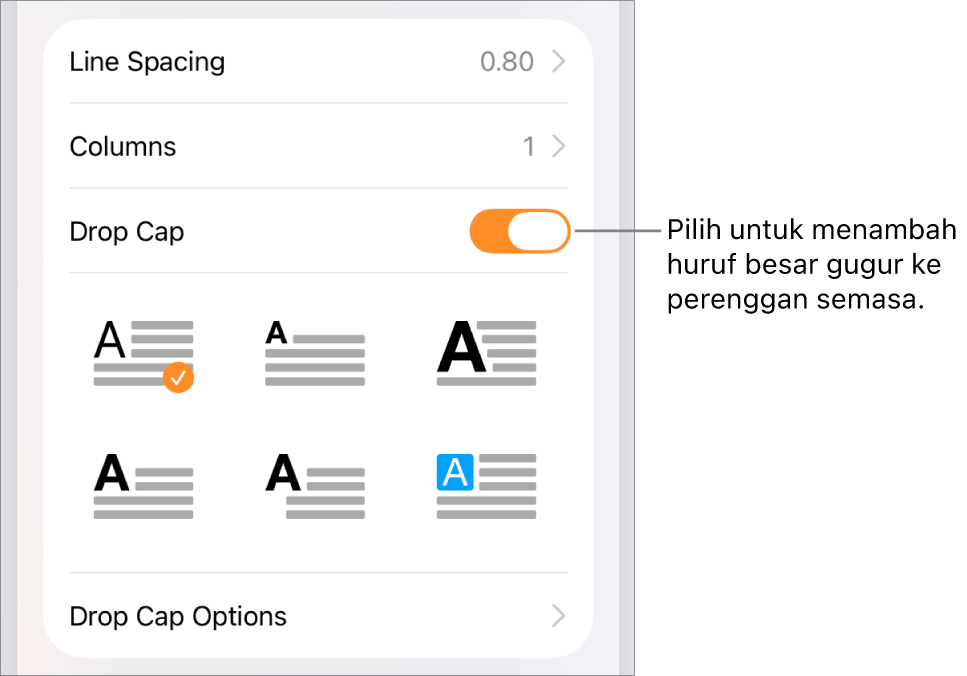 Kawalan Huruf Besar Gugur berada dalam menu Teks.