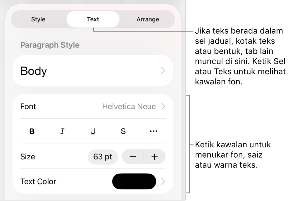 Kawalan teks dalam menu Format untuk mengesetkan perenggan dan gaya, fon, saiz dan warna aksara.