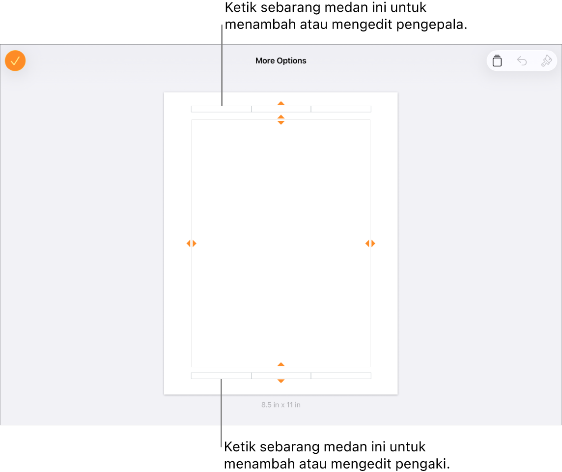 Paparan Pilihan Lanjut dengan tiga medan di bahagian atas dokumen untuk pengepala dan tiga medan di bahagian bawah untuk pengaki.