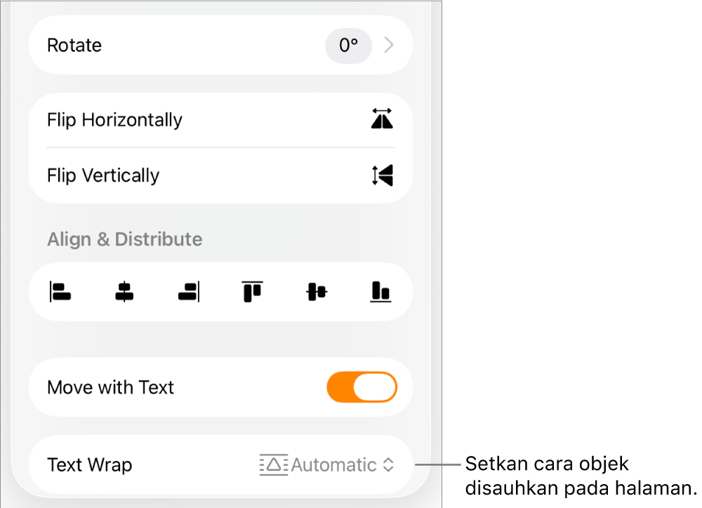 Kawalan Format dengan tab Susun dipilih dan kawalan untuk Bergerak ke Belakang/Depan, Alihkan dengan Teks dan Balut Teks.