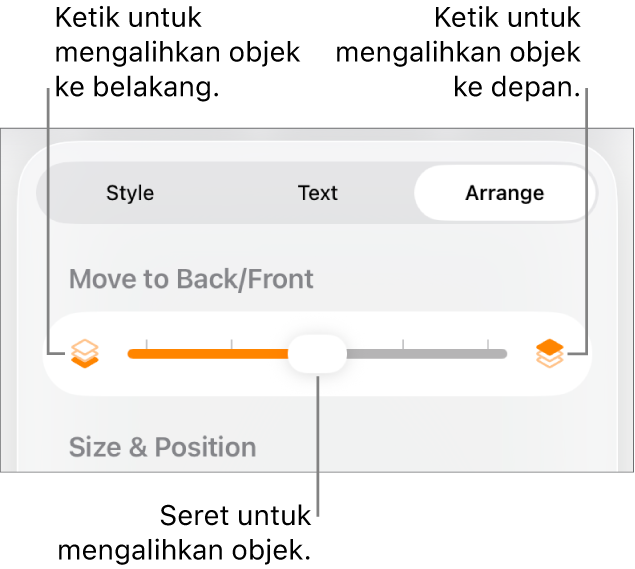 Butang Bergerak Ke Depan, butang Bergerak Ke Belakang dan gelangsar lapisan.
