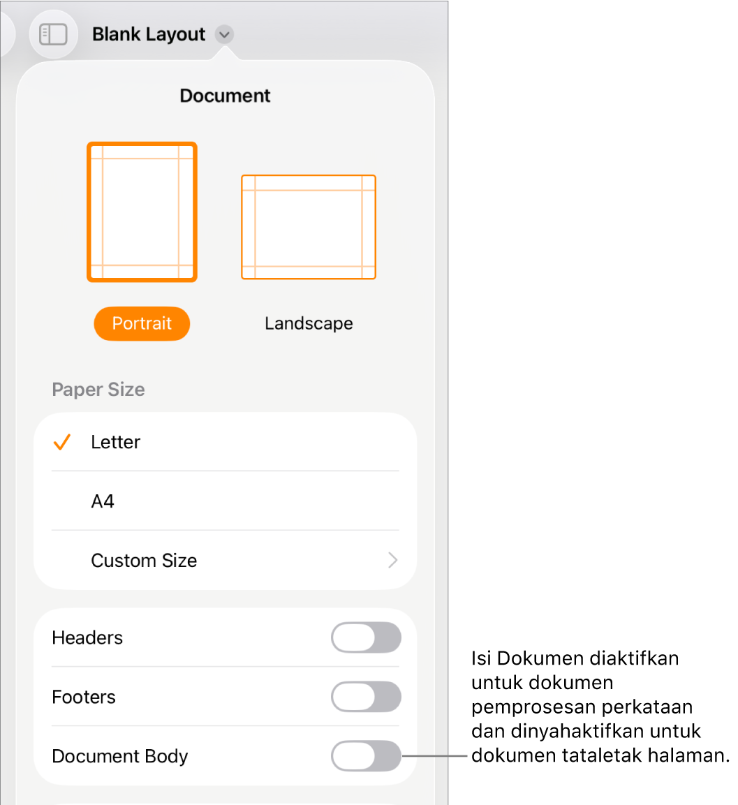 Kawalan format Dokumen dengan Isi Dokumen diaktifkan berhampiran bahagian bawah skrin.
