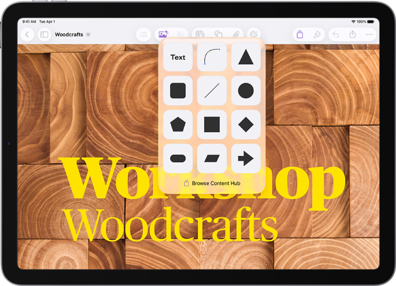 Menu Masukkan dengan butang merentas bahagian atas untuk menambah jadual, carta, bentuk dan media. Bentuk dipilih dan menunya menunjukkan baris kategori dengan butang Cari di sebelah kiri. Kategori Aktiviti dipilih dan bentuk kelihatan di bawah.