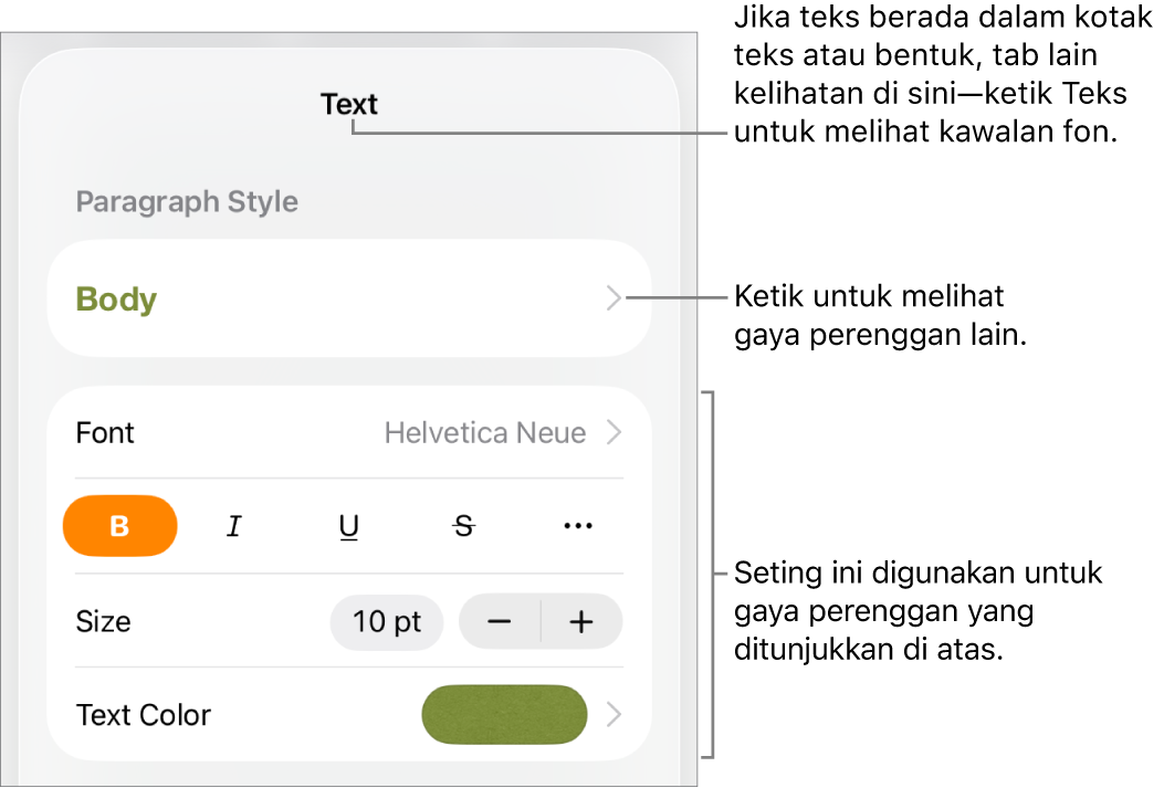 Menu Format menunjukkan kawalan teks untuk mengesetkan perenggan dan gaya, fon, saiz dan warna aksara.