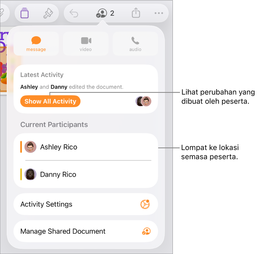 Menu kerjasama dengan peserta semasa disenaraikan.