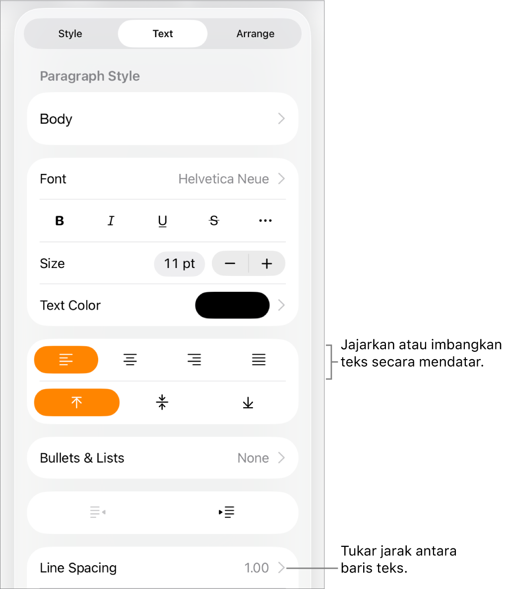 Butang kawalan Format dengan tab Teks dipilih dan petak bual ke butang penjajaran teks dan item menu Jarak Baris.