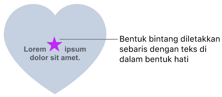 Bentuk bintang kelihatan sebaris dengan teks dalam bentuk hati.
