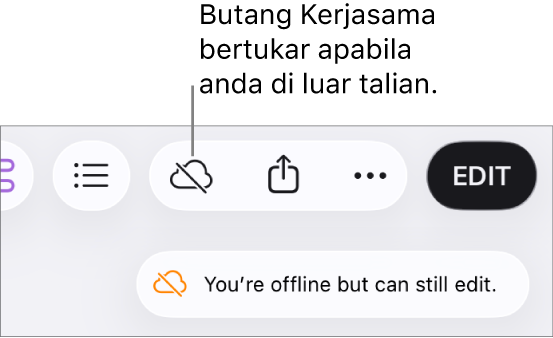 Isyarat pada skrin menyatakan “Anda di luar talian tetapi masih boleh mengedit”.