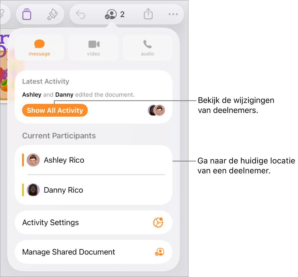 Het samenwerkingsmenu met daarin de namen van huidige deelnemers.