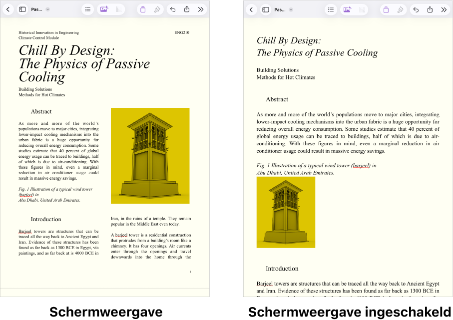 Twee weergaven van hetzelfde Pages-document. In de ene is de schermweergave ingeschakeld en in de andere is de schermweergave uitgeschakeld. In de versie waarin de schermweergave is ingeschakeld, is de tekstgrootte aangepast aan het scherm en zijn pagina-einden en kopteksten verborgen.