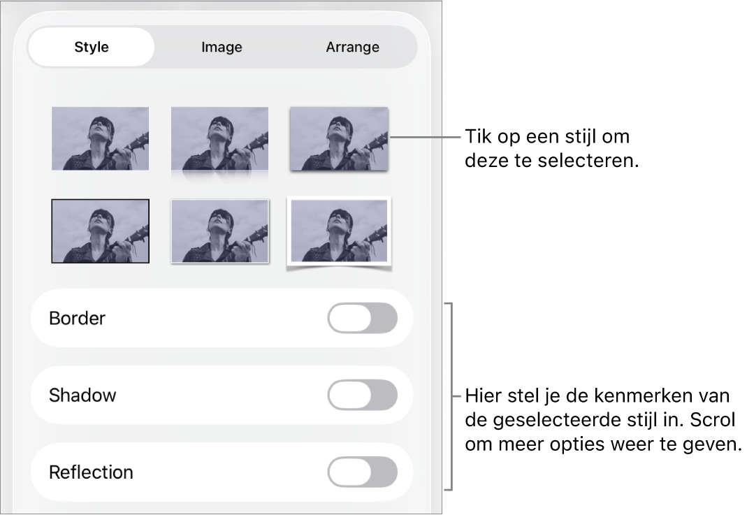 Het tabblad 'Stijl' in het opmaakmenu met bovenaan objectstijlen en eronder regelaars voor het wijzigen van de rand, schaduw, weerspiegeling en ondoorzichtigheid.