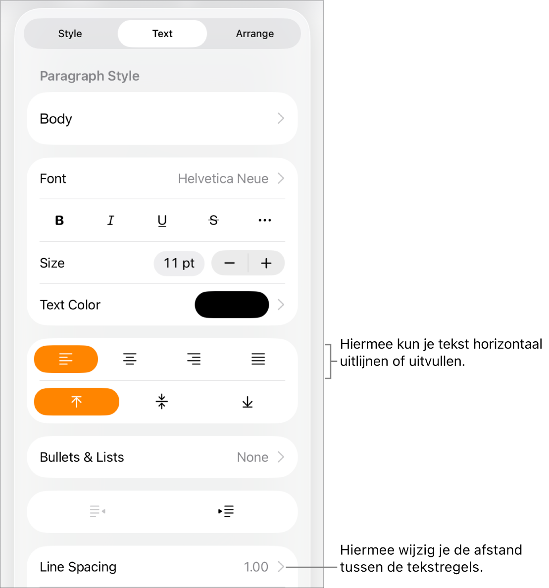 Het tabblad 'Tekst' in het paneel met opmaakregelaars met uitleg bij de knoppen voor tekstuitlijning en het menu 'Regelafstand'.