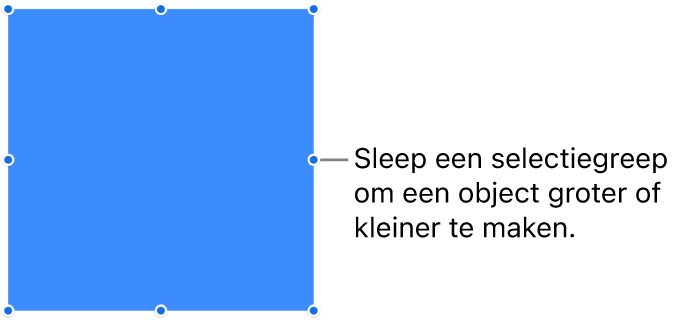 Een object met blauwe stippen op de rand om de grootte van het object aan te passen.