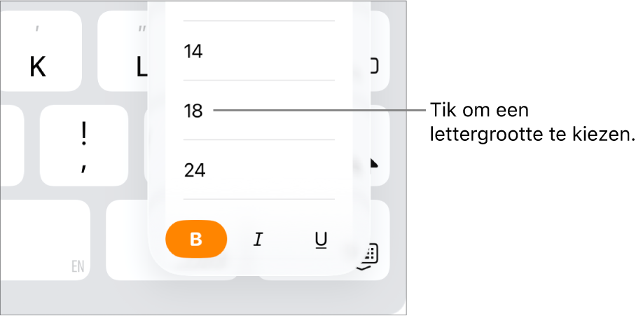 De lettergrootteknop aan de rechterkant van het toetsenbord van de iPad met het lettergroottemenu geopend. De lettergrootten die door de overheid van het vasteland China zijn voorgeschreven staan boven in het menu, gevolgd door puntgrootten.