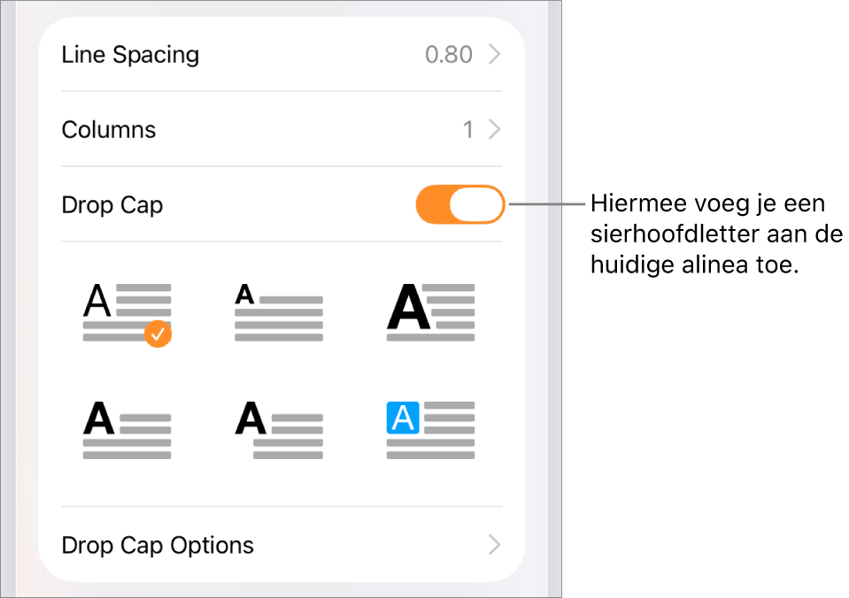 De regelaars voor sierhoofdletters in het menu 'Tekst'.