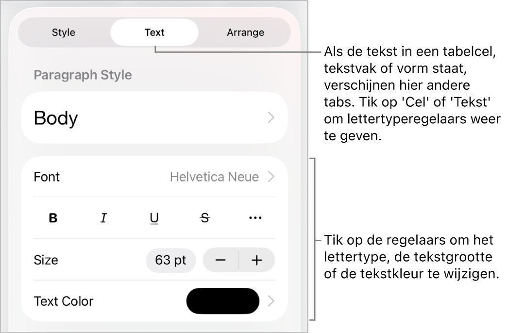 Tekstregelaars in het opmaakmenu voor het instellen van alinea- en tekenstijl, lettertype, lettergrootte en kleur.