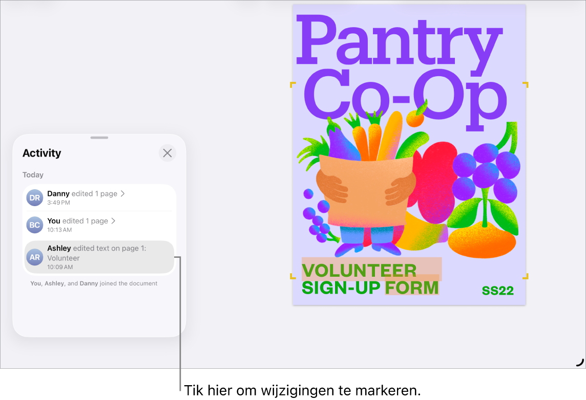 Een gedeeld document waarin de activiteitenlijst geopend is.