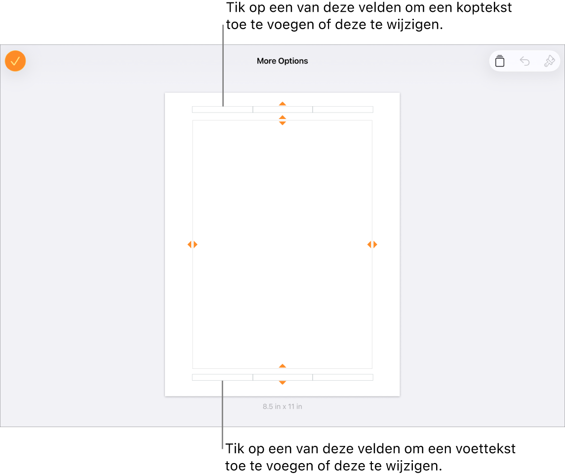 De weergave 'Meer opties' met drie velden bovenaan het document voor kopteksten en drie velden onderaan het document voor voetteksten.