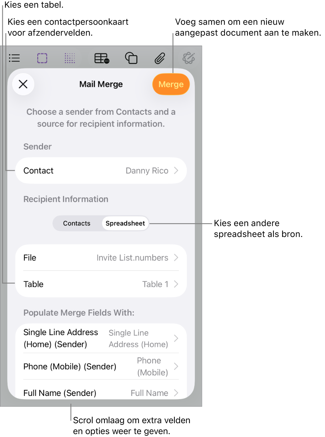 Het paneel 'Afdruk samenvoegen' met opties voor het kiezen van de afzendergegevens, het wijzigen van het bronbestand of de tabel, het bekijken van de lijst met samenvoegvelden en het samenvoegen van het document.