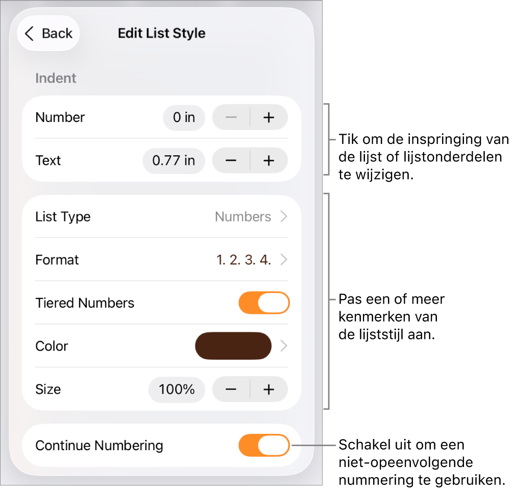 Het menu 'Bewerk lijststijl' met regelaars voor de ruimte van de inspringing, het lijsttype en de notatie, gerangschikte nummers, de kleur en grootte van de lijst, en doornummering.