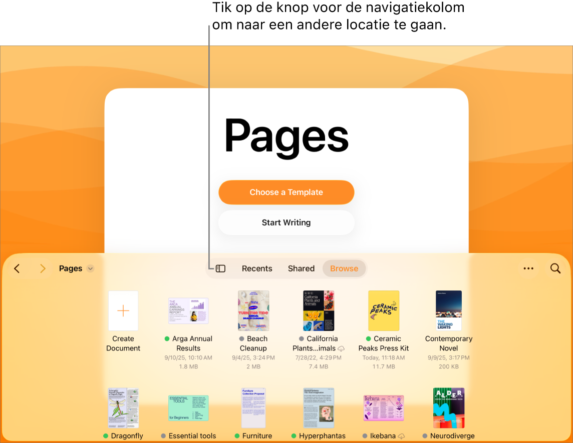 De bladerweergave van de documentweergave met linksboven de knop voor de navigatiekolom. Rechtsboven staan knoppen voor een nieuw bestand en een nieuwe map, de symbolenknop (om op naam, datum, grootte of tag te sorteren), de knop 'Selecteer' en de zoekknop. Daaronder staan miniaturen van bestaande documenten.