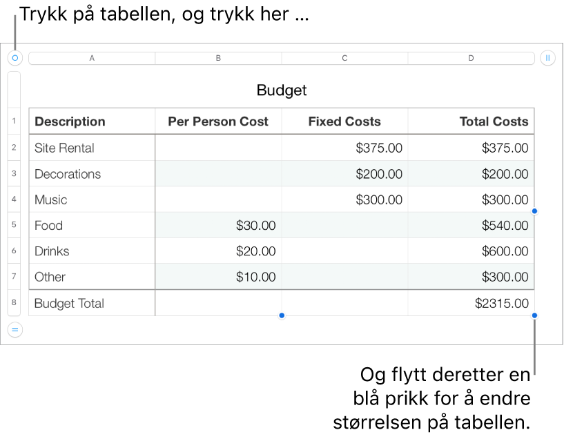 En markert tabell med blå prikker for å endre størrelsen.