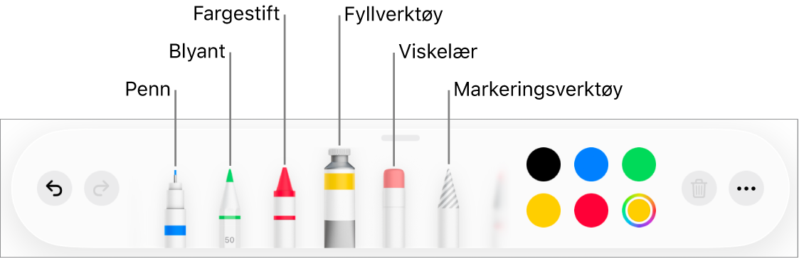 Tegneverktøylinjen i Pages på iPad med en penn, blyant, fargestift, fyllverktøy, viskelær, markeringsverktøy og fargefelt som viser den gjeldende fargen.