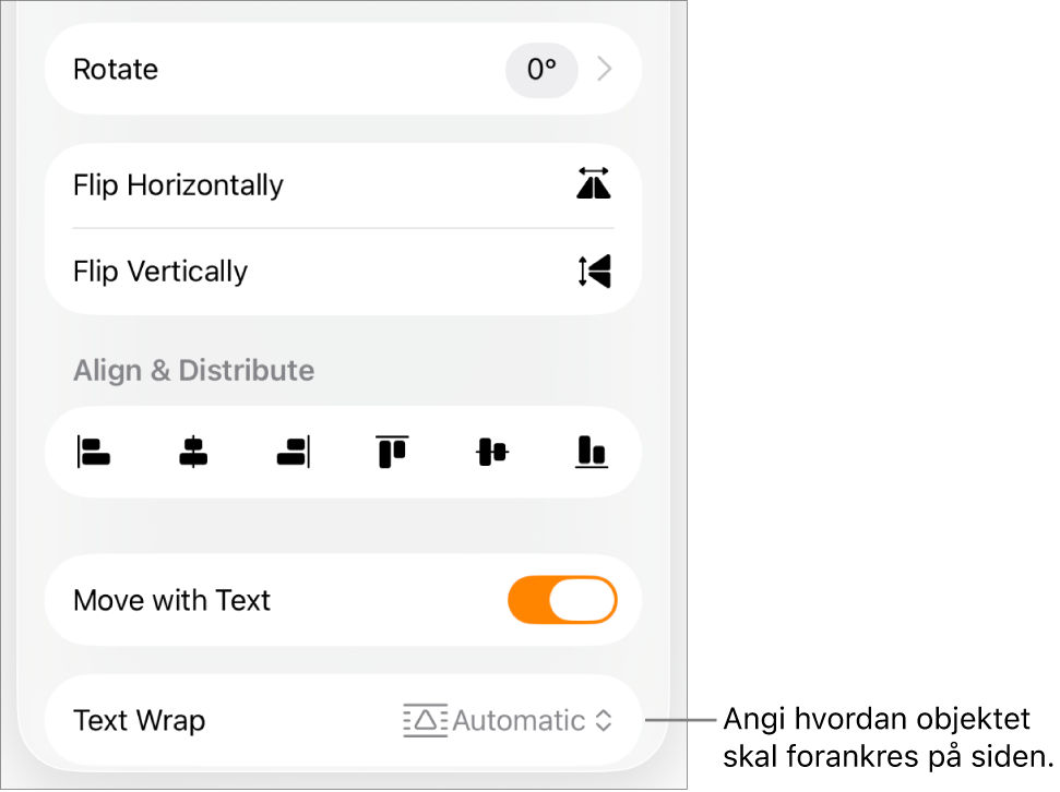 Format-kontrollene med Ordne-fanen markert og kontroller for Flytt nederst/øverst, Flytt med tekst og Tekstbryting.