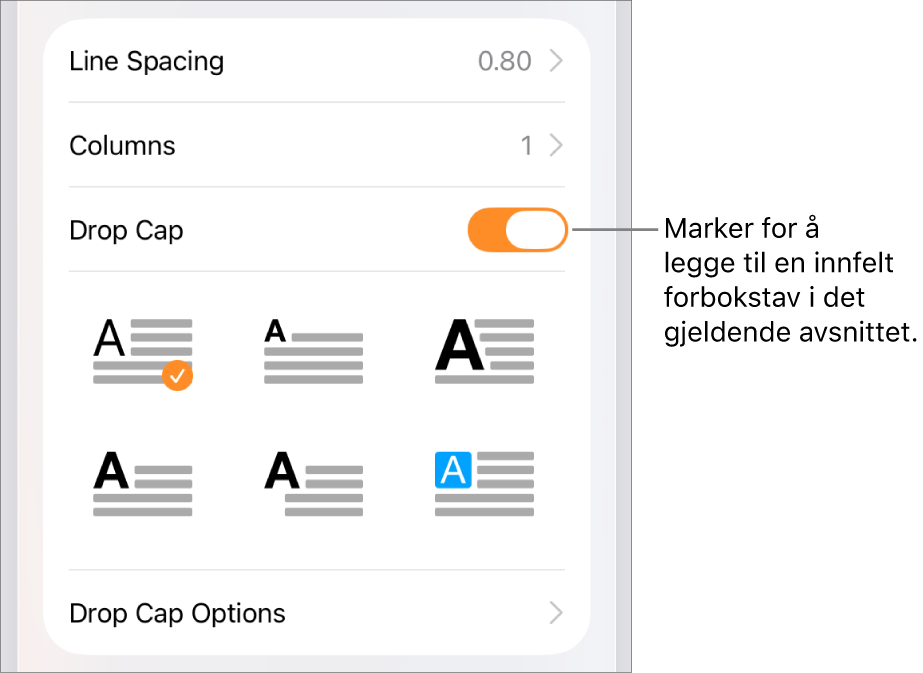 Innfelt forbokstav-kontrollene vises i Tekst-menyen.