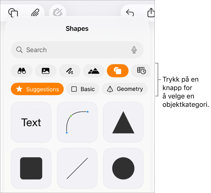 Kontrollene for å legge til et objekt, med knapper øverst for velge tabeller, diagrammer, figurer (inkludert linjer og tekstruter) og medier.