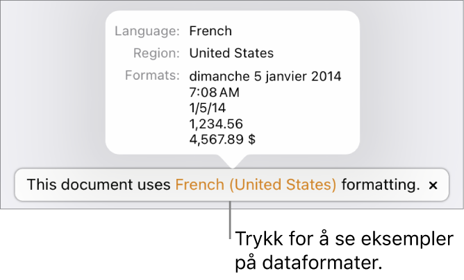 Varsling som viser en annen språk- og regionsinnstilling, med eksempler på formatering for det språket og den regionen.
