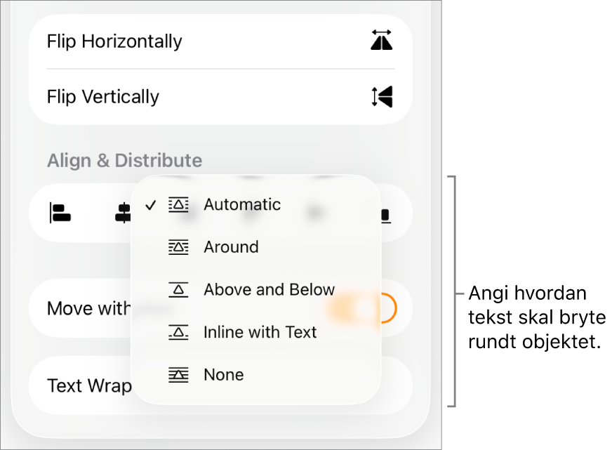 Format-kontrollene med Ordne-fanen markert. Under vises Tekstbryting-kontrollene med Flytt nederst/øverst, Flytt med tekst og Tekstbryting.