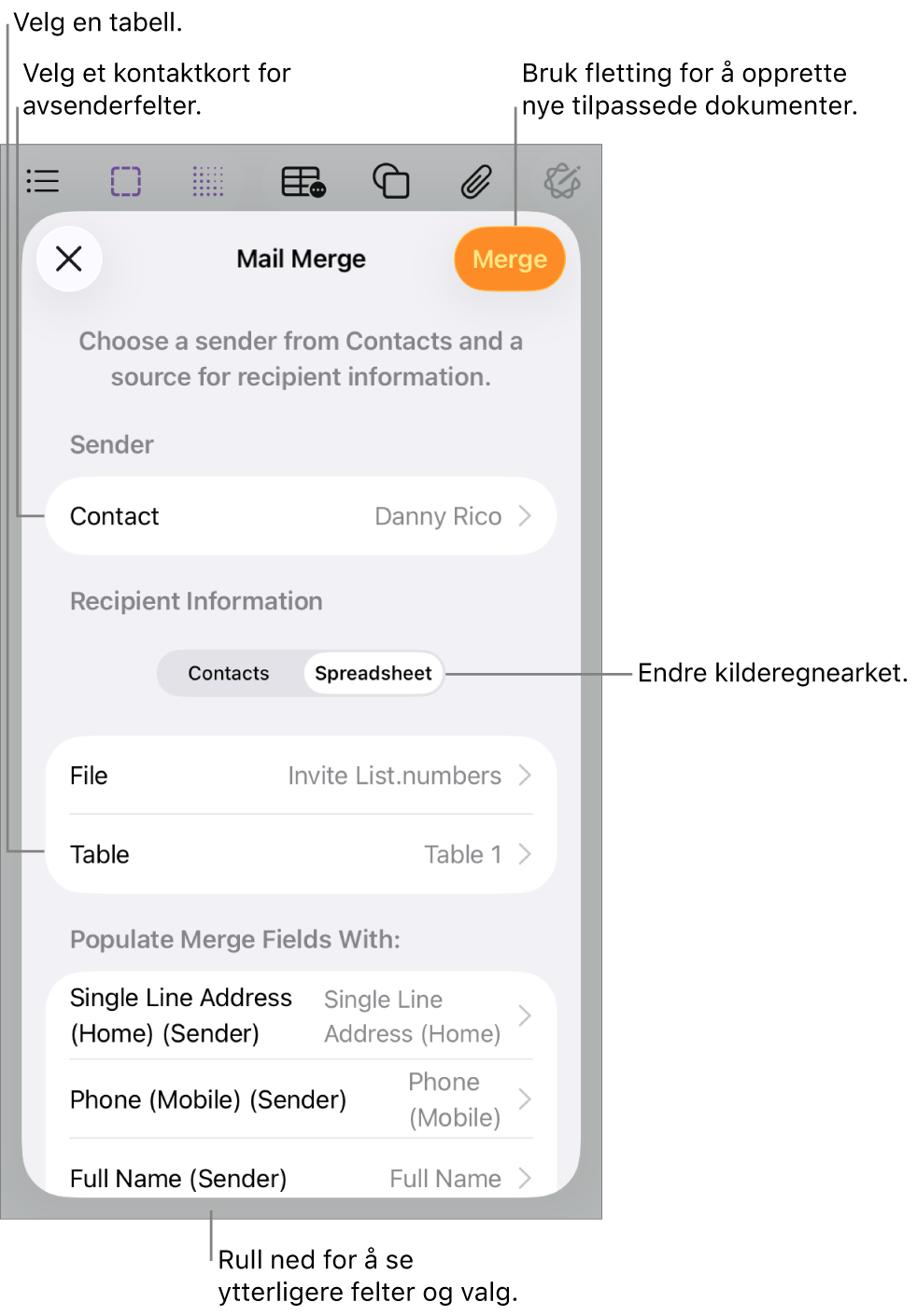 Fletting-panelet er åpent, med valg for å velge avsenderinformasjon, endre kildefil eller -tabell, forhåndsvise flettefeltnavn eller individuelle oppføringer og flette dokumentet.