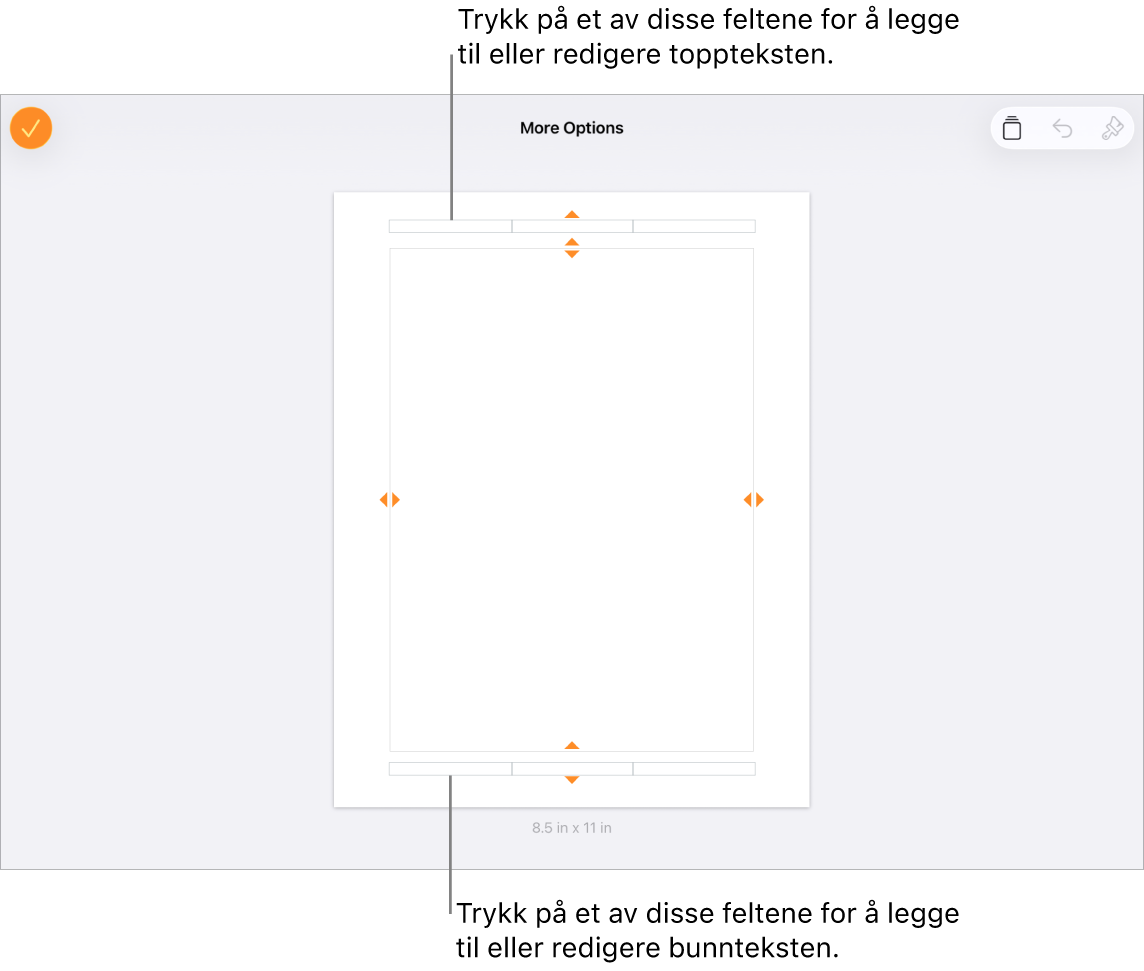 Flere valg-visningen med tre felter øverst i dokumentet for topptekster og tre felter nederst for bunntekster.