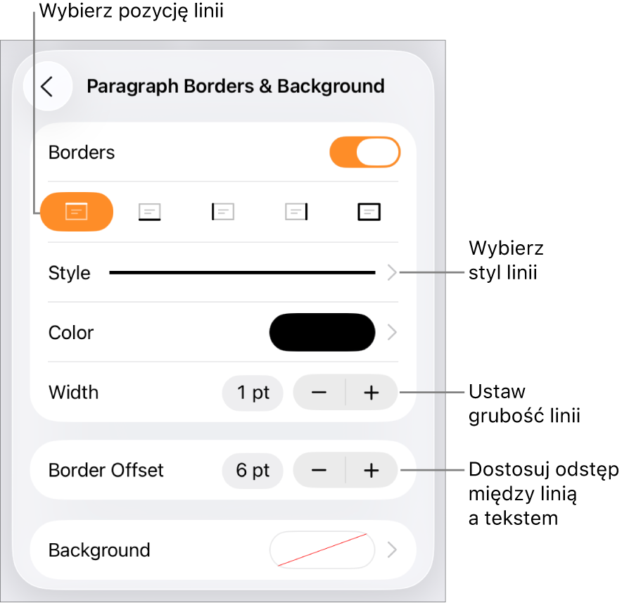 Narzędzia zmieniania stylu, grubości, pozycji i koloru linii.