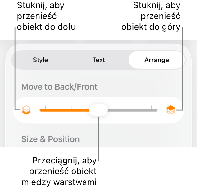 Przycisk przenoszenia niżej, przycisk przenoszenia wyżej i suwak warstw.
