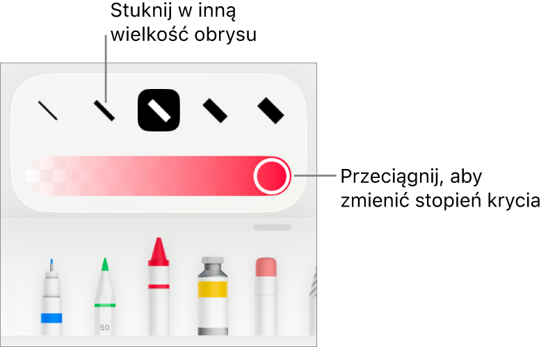 Narzędzia do ustawiania grubości kreski oraz suwak do ustawiania stopnia krycia.