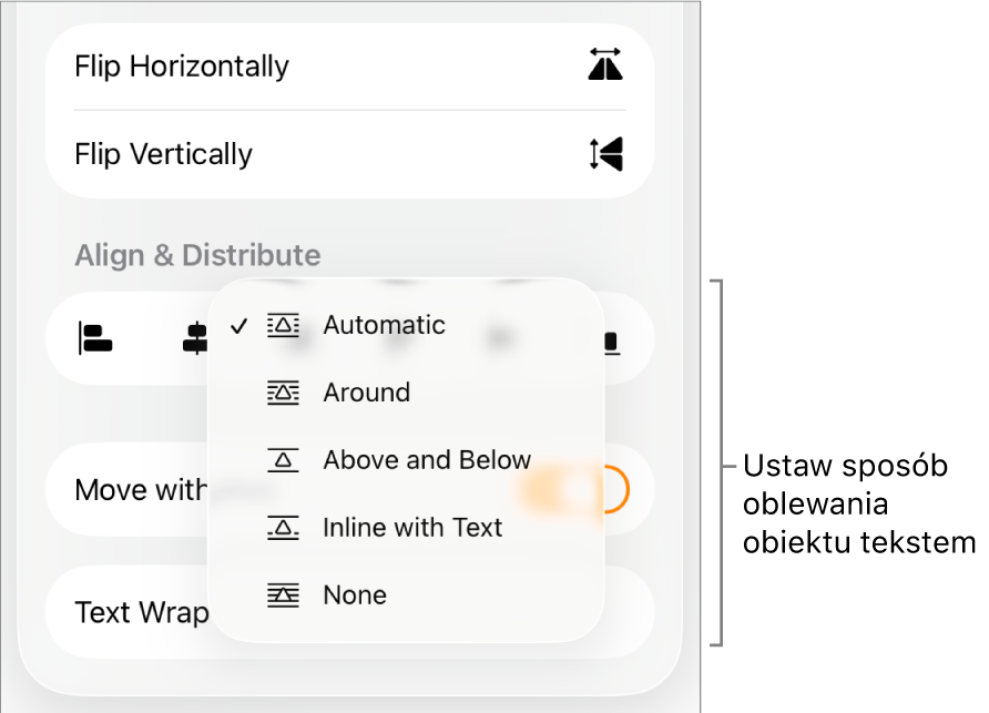 Narzędzia formatowania z zaznaczoną kartą Uporządkuj. Poniżej widoczne są narzędzia oblewania tekstem: Przenieś na wierzch/spód, Przenoś z tekstem oraz Oblewanie tekstem.