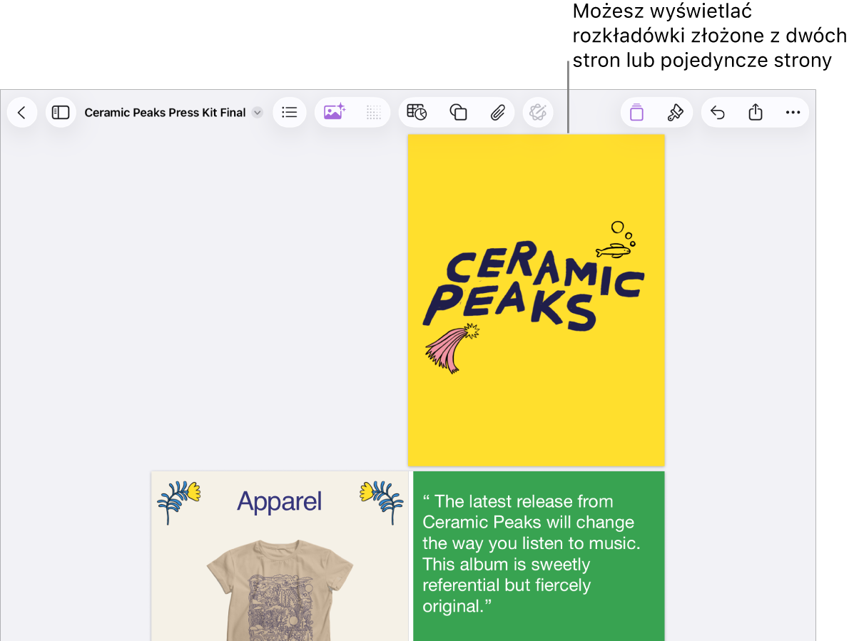 Dokument ze stronami wyświetlanymi jako rozkładówka złożona z dwóch stron.