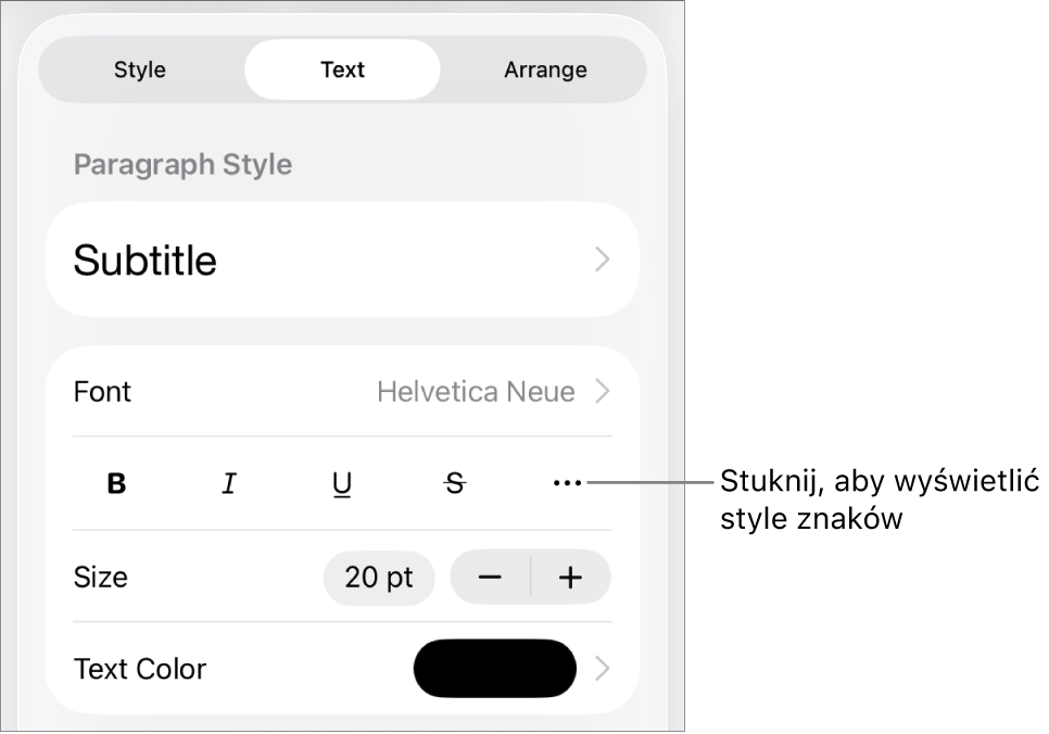 Narzędzia formatowania. Na samej górze widoczne są style akapitu, a poniżej znajdują się narzędzia czcionki. Pod narzędziami czcionki widoczne są przyciski Pogrubienie, Kursywa, Podkreślenie, Przekreślenie oraz Więcej opcji tekstu.
