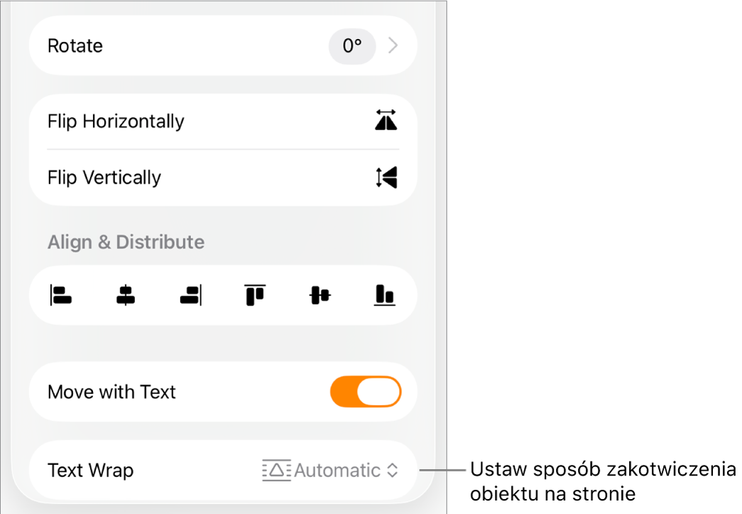 Narzędzia formatowania z zaznaczoną kartą Uporządkuj. Widoczne są narzędzia: Przenieś na wierzch/spód, Przenoś z tekstem i Oblewanie tekstem.