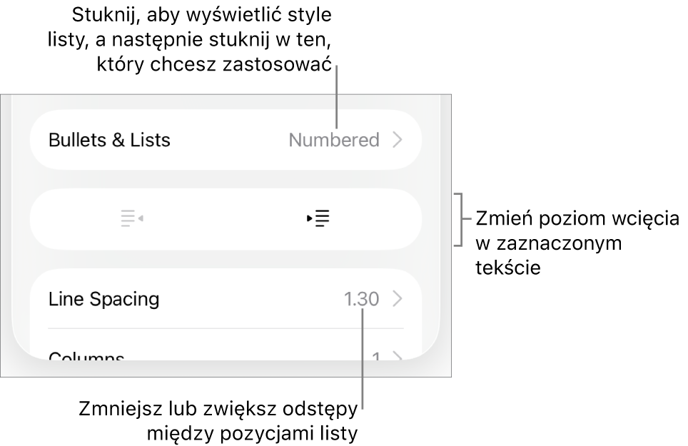 Sekcja Punktory i listy w narzędziach Format. Objaśnienia wskazują przyciski Punktory i listy, Wysunięcie oraz Wcięcie, a także narzędzia odstępów między wierszami.