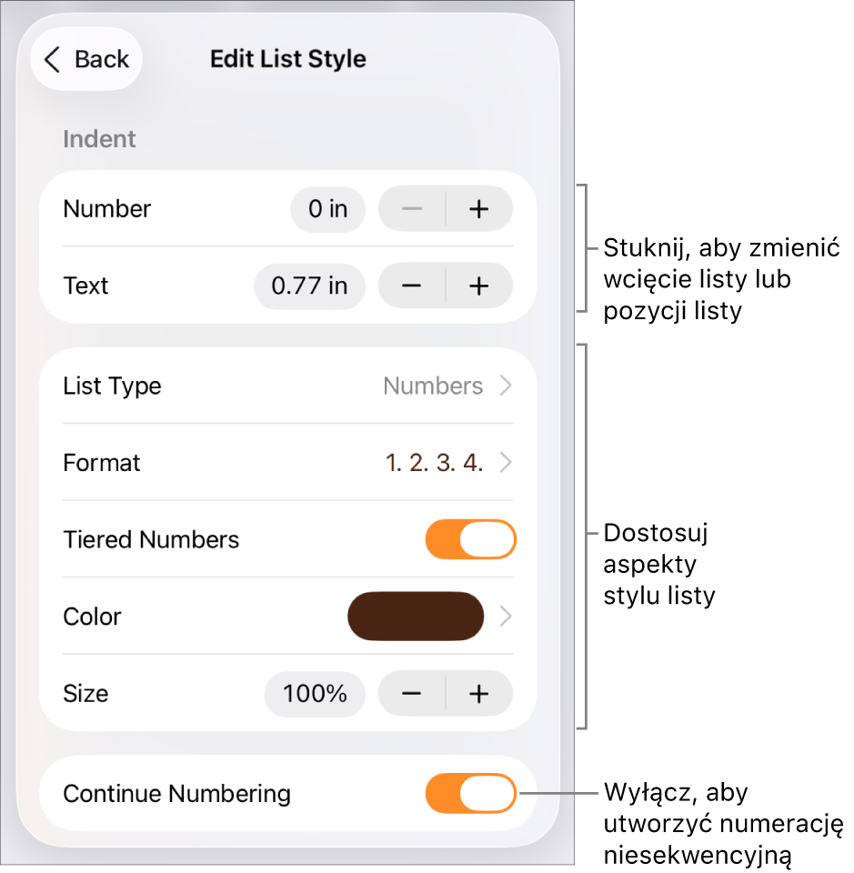 Menu Edycja stylu listy z narzędziami sterującymi wielkością wcięcia, typem i formatem listy, numerami warstw, kolorem i rozmiarem listy oraz numeracją ciągłą.