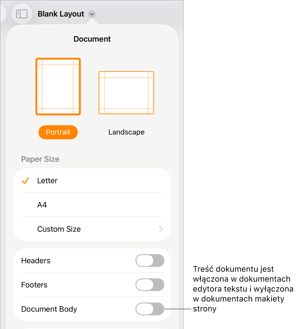 Narzędzia formatu dokumentu. Na dole ekranu widoczny jest włączony przełącznik Treść dokumentu.