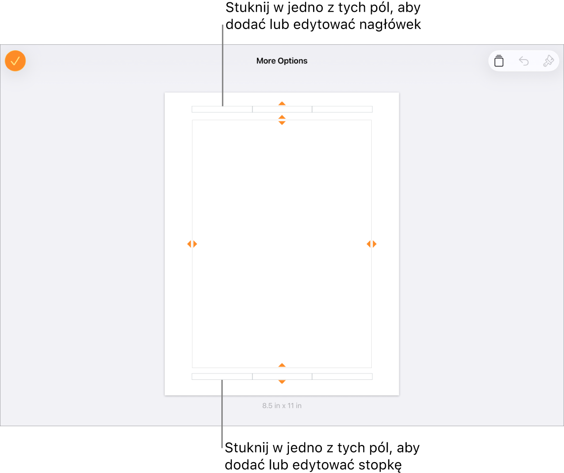 Widok Więcej opcji, zawierający trzy pola na górze dokumentu, przeznaczone na nagłówki, a także trzy pola na dole dokumentu, przeznaczone na stopki.