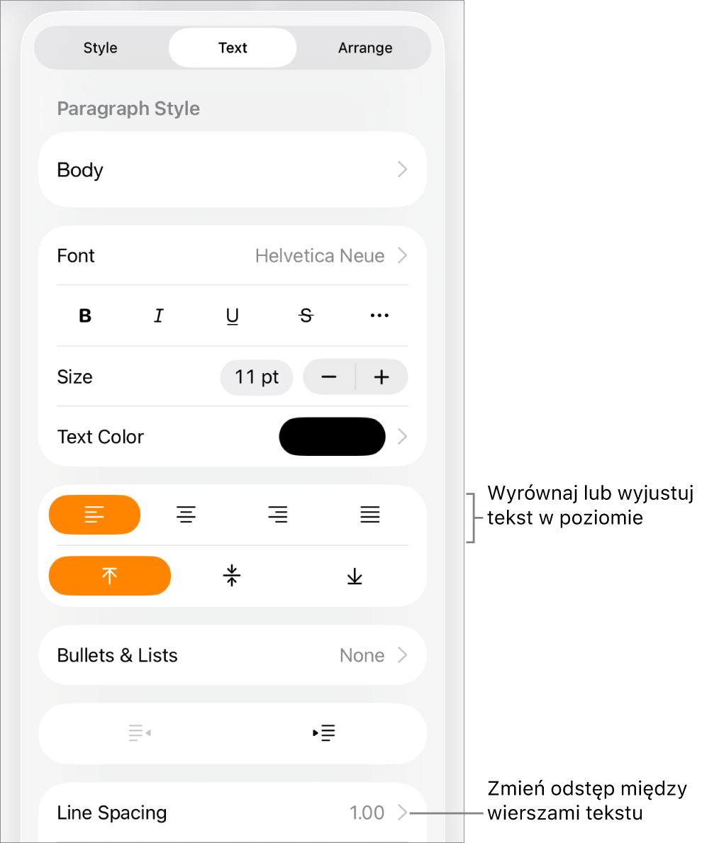 Zaznaczony jest przycisk narzędzi formatowania z kartą Tekst. Opisy wskazują przyciski wyrównywania tekstu oraz pozycję menu Odstępy między wierszami.
