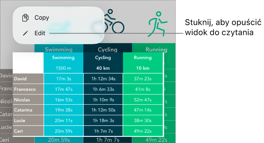 Zaznaczona komórka tabeli z widocznym powyżej menu kontekstowym zawierającym przyciski Kopiuj oraz Edycja.