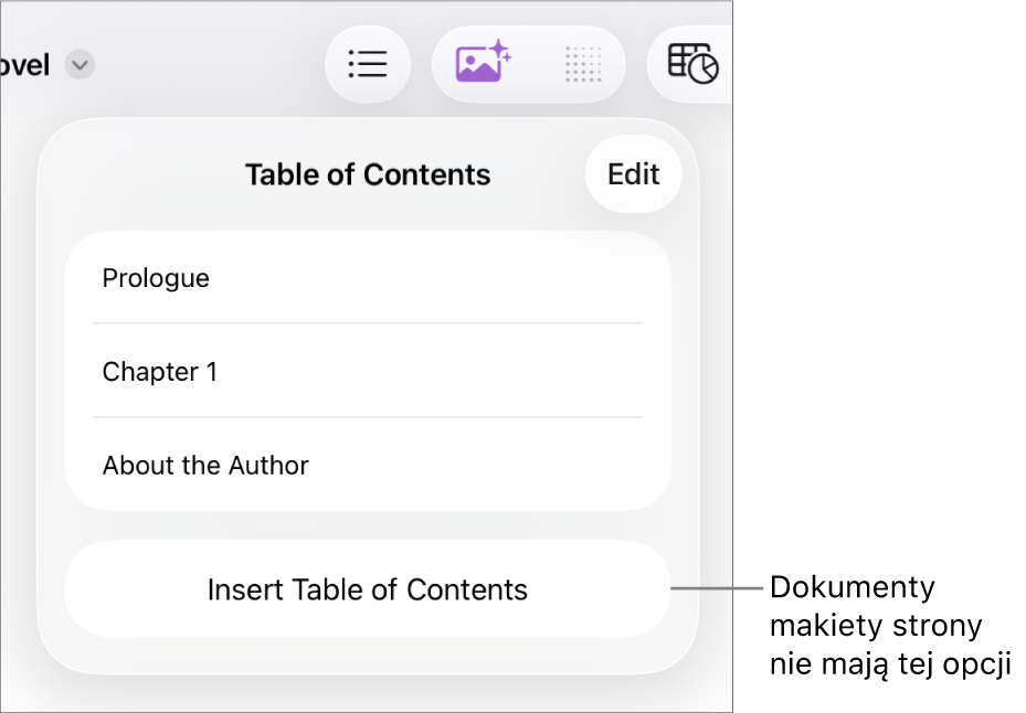 Widok spisu treści z przyciskiem Edycja w prawym górnym rogu, pozycjami spisu treści oraz przyciskiem Wstaw spis treści na dole.