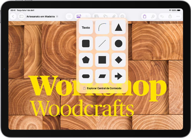 Menu Inserir com botões ao longo da parte superior para adicionar tabelas, gráficos, formas e mídia. Formas está selecionado e seu menu mostra uma linha de categorias com o botão Buscar à esquerda. A categoria Atividades está selecionada e formas aparecem abaixo.